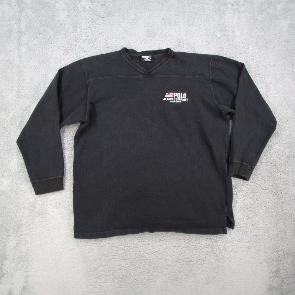 Polo Jeans Co Ralph Lauren Mens Large Black V-Neck Long Sleeve Flag Logo Shirt